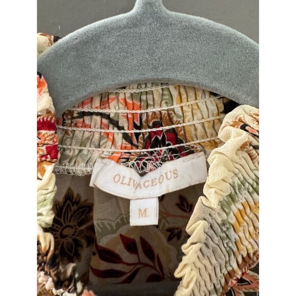 Oliveaceous Floral Print High Neck Tie Front Blouse With Smocked Cuffs & Long Ta - Picture 5 of 7